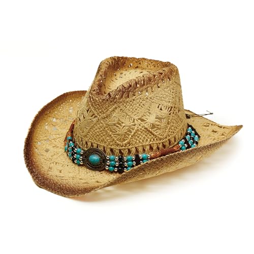 Image of YOUBADU Western Straw Cowboy and Cowgirl Hats with Decorative Bands - Unisex Wide Brim Raffia Style Sun Hat