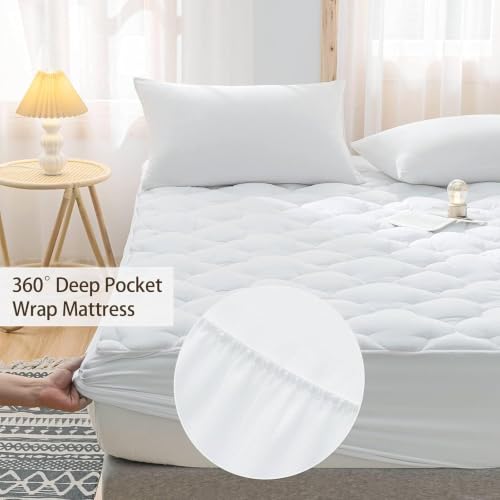 Image of WhatsBedding Waterproof Mattress Topper Queen Size Cotton Top Down Alternative Filling Pillowtop Mattress Topper Cover-Fitted Quilted (Queen Mattress Topper)