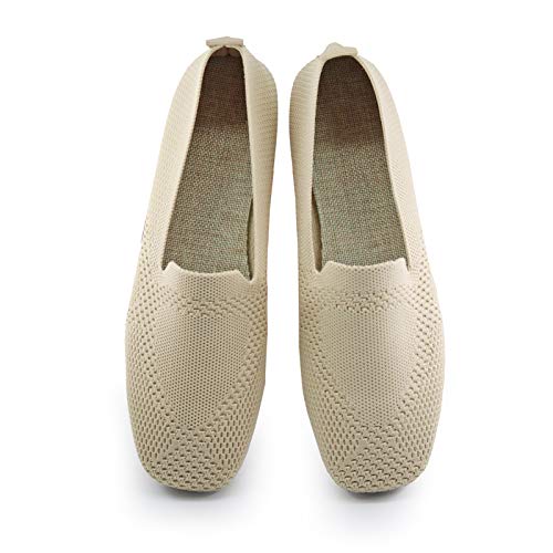 Image of RVROVIC Women Flat Shoes Knitted Lightweight Slip-on Loafers Breathable Soft Comfortable Ballet Flats(5,Pure-Beige)
