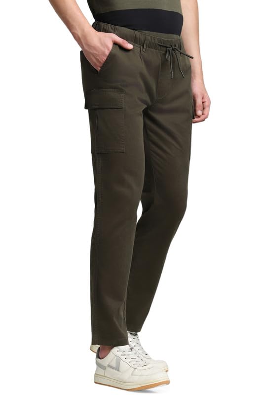 Image of Dennis Lingo Men's Cotton Lycra Full Length Solid Slim Fit Cargo Trousers