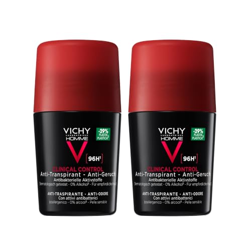 Vichy Homme Clinical Control 96h Männer, Deo-Roll-on für Männer, Schweiß- und geruchshemmend, Antibakteriell, Hypoallergen, Alkoholfrei, Für empfindliche Haut, 2x50 ml