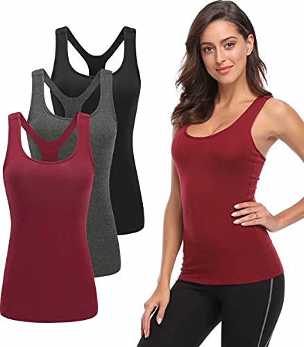 TELALEO 3 Pack Workout Tank Tops for Women, Athletic Racerback Sports Tank Tops, Compression Sleeveless Dry Fit Shirts Black Red Gray M