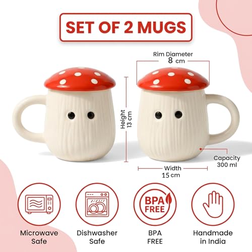 Image of Red Mushroom Ceramic Mugs with Lid Set of 2 | 300ml Coffee Tea Cups Polka Dot | Microwave Dishwasher Safe | Valentine Couple Gift | Home Decor Kitchen Dining Handmade India