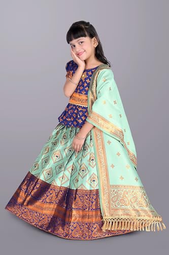 Image of Girls Pattu Pavadai Ready to Wear Lehenga, Blouse & Dupatta Set - Heavy Jacquard Fabric, Fully Stitched