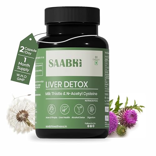 Image of SAABHI Liver Detox Supplement with Milk Thistle (80% Silymarine) , N-Acetyl Cysteine 120 mg & Dandelion | Supports Body Detox, Digestion & Energy - Fatty Liver Care | Advanced Liver Support, Cleansing and Detox | 60 Veg Capsules