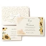 FANEYA 50pcs Custom Wedding Invitations with Envelopes and RSVP Cards|Personalized Wedding Invitation Cards with White Pockets and Bowknots|Printed Neutral Anniversary Invites with Sunflower Bloom