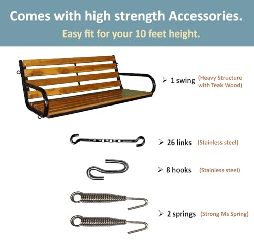 Kaushalendra Indoor Hanging Swing Jhula for Balcony - Very Strong, 350 Kg Capacity Hammock Chair with Hanging Accessory (137 CM), Wood, Brown