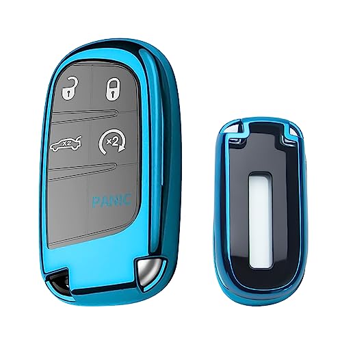 Xotic Tech Blue Soft TPU Key Fob Shell Skin Cover, Compatible with Chrysler 200 300 or Dodge Charger Challenger Dart Durango Journey or Jeep Grand Cherokee Renegade Smart Keyless Entry Key