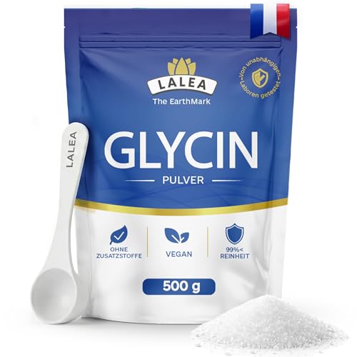 LALEA Glycin Pulver 500g 100% reines L-Glycin Aminosäure Kollagen-Baustein Vegan ohne Zusätze hochlöslich Unterstützt Schlaf Gelenke & Haut 100 Portionen