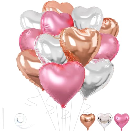 Image of Rose Gold & Silver Heart Balloons,18 Inch Light Pink Foil Love Heart Shaped Balloons for Birthday Party Bridal Engagement Wedding Anniversary Baby Shower Valentines Decorations 12Pcs