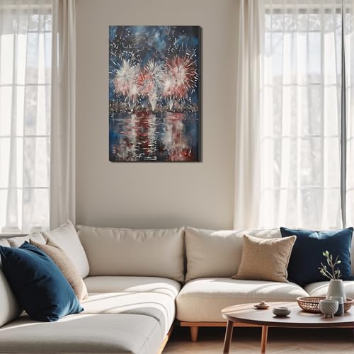 Image of Framed 4th of July Fireworks Cityscape Wall Art, Patriotic Abstract Canvas Art Pictures, USA Independence Day Wall Decor, Made in USA Ready to Hang for Living Room Bar