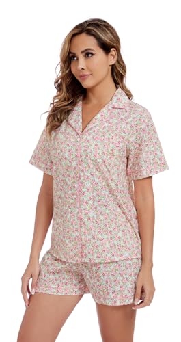 Image of LUBOT 100% Cotton Pajamas for Women 2 Piece PJ Set Poplin Woven Lightweight Ladies Button Short Sleeve Sleepwear S-XXL