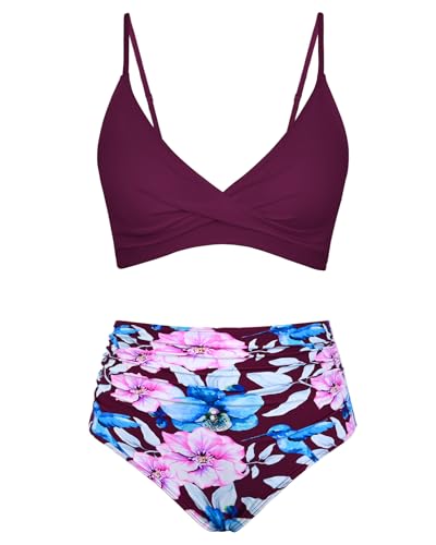 Image of Amy Babe Women's High Waisted Bikini Sets Push Up Twist Front Spaghetti Straps Ruched Two Piece Swimsuit Bathing Suit