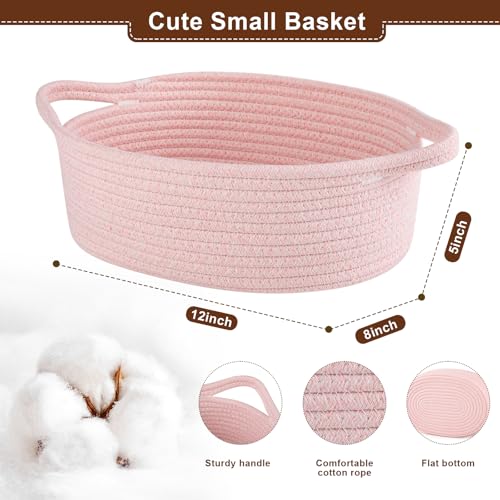 Image of OIAHOMY Gift Basket with Handle, Small Woven Basket with Gift Bag, Ribbon and Wrap Tissue Paper, Nursery Bins Empty to Fill with Small Items, Baby, Pet Toy Organizer - Pink