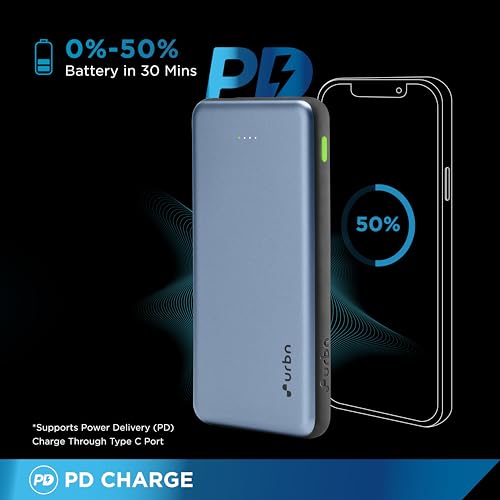 Image of URBN Power Bank 10,000mAh - Ultra Slim,22.5W Two Way Fast Charging,Triple Output,Dual Type C PD,12 Layers Circuit Protection,BIS Certified,6 Months Warranty Free Type C Lightning Input Cable - Blue