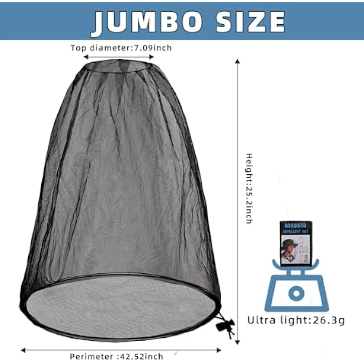 Oversized Mosquito Net 42 x 25 Inches Ultra Large Mosquito Head Net Face Neck Fly Mesh Netting Fits All Hats for Outdoor Camping Hiking Fishing Gardening Safari(Black)