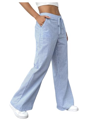 RoseSeek Women's Wide Leg Striped Pants Drawstring Low Waisted Casual Loose Trousers with Pocket Blue Large