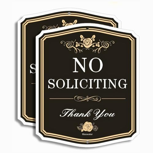 No Soliciting Sign for Front Door, 2 Pack 12" x 10" Visible Elegant Metal Yard Sign, Rust-Proof Aluminum, Durable UV & Weather-Resistant, No Trespassing Plaque for Doorbell, House, Lawn, Home, Office
