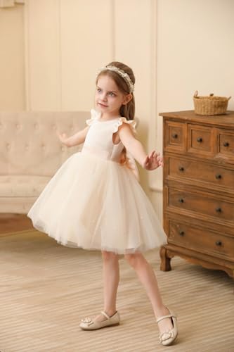 Flower Girl Dress Satin and Tulle Toddler Girls Dresses Ruffle Sleeves with Bow for Wedding Party4