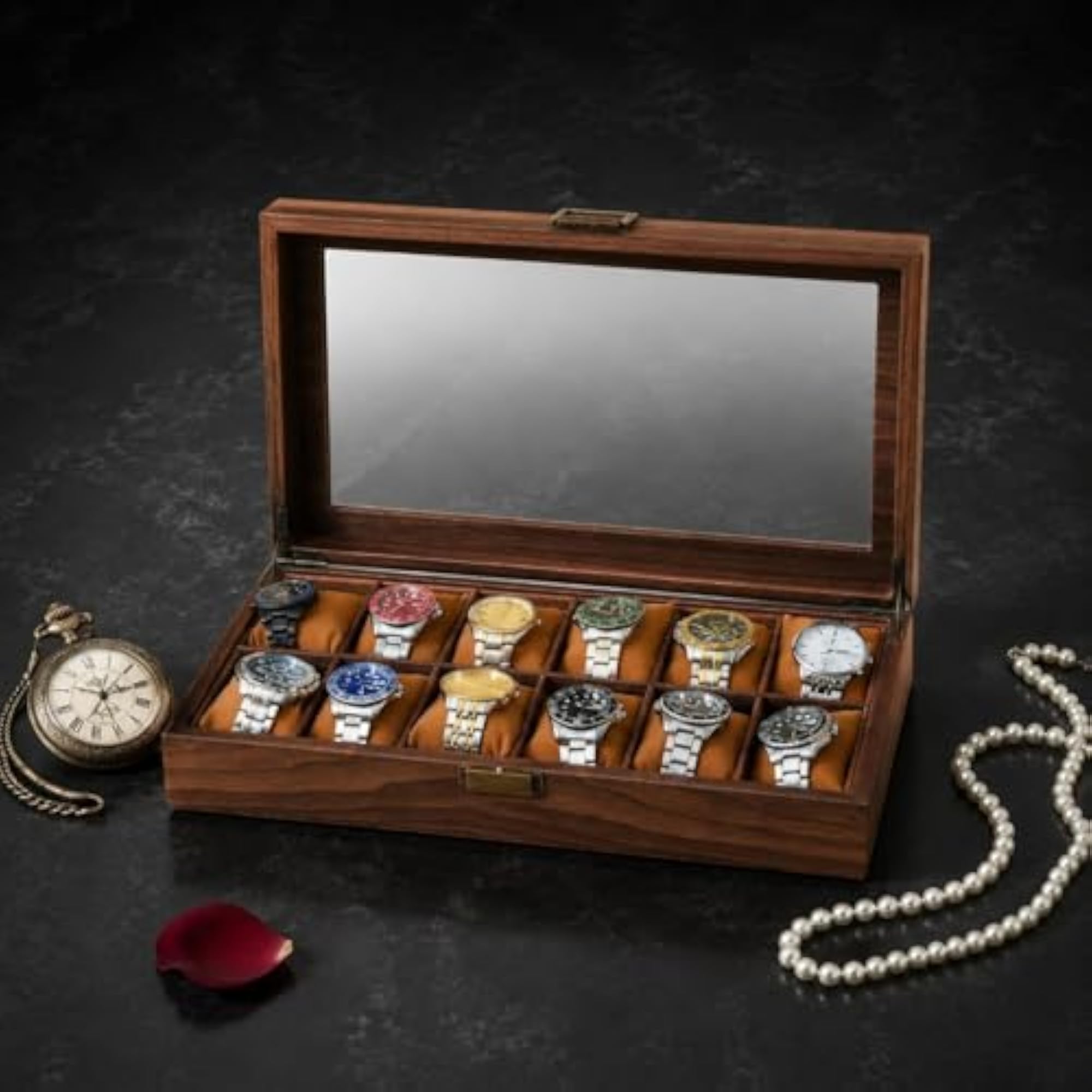 Wood-Grain Wooden Watch Box with Metal Latch, Display Case