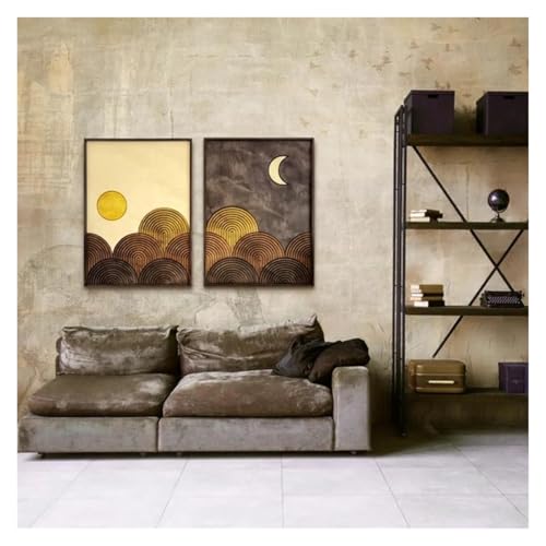 Peinture sur toile soleil et lune lot de 2 décorations murales modernes 50x70cm