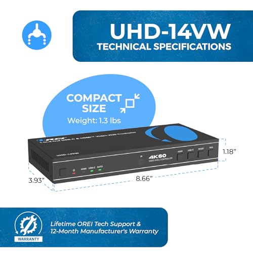 Image of OREI 4K 2x2 HDMI or USB-C Video Wall Controller Processor Display Upto 4K 60hz 2x1, 1x2, 1x3, 1x4 Supports 180 Degree Rotate RS-232 Audio Extraction | Video wall controller 2x2, Video wall, USB-C input, 2x1 /1x2 /1x3 /1x4 layouts, 180 rotation