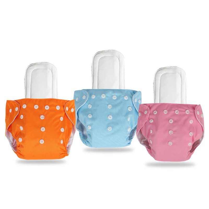 Ineffable Combo of Quirk Reusable Baby Washable Cloth Diaper Nappies with Multi Layered Micro- Fibre Baby Insert Pads (Set of 3) (Blue Pink Orange) (Assorted Colours)