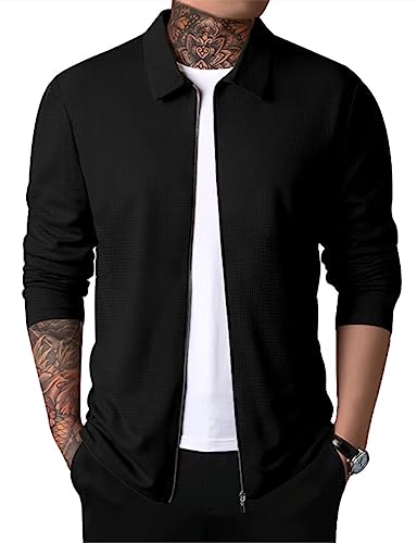 PICKLION Men Casual Lightweight Jackets Laydown Collar Zipper Closure Solid Color Long Sleeve Waffle Jackets