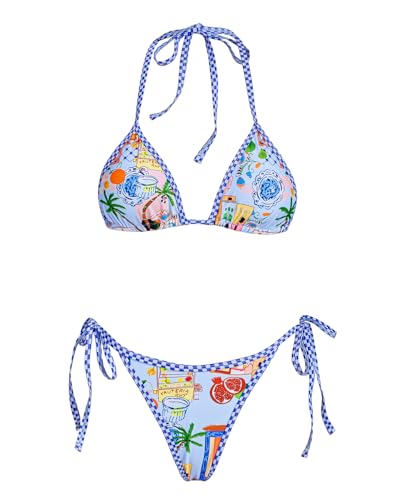 Image of Women's Triangle Bikini Set String Swimsuit Print Tie Smocked Ruched Two Piece Bathing Suit