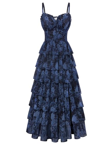 Scarlet Darkness Womens Floral Corset Wedding Guest Dress Lace Up Summer Spring Tiered Formal Maxi Dresses
