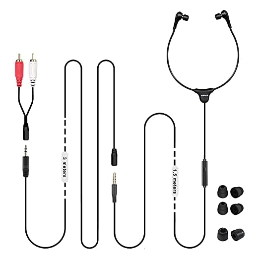 SIMOLIO Anti-Dropping Wired TV Earphone with Volume Control, Extra Long Cord Headphone with Mic for TV, PC, RCA & 3.5mm Cable Included, 14.9ft Extension Cable Earphone, Extra Soft Ear Tips, SM-901TV
