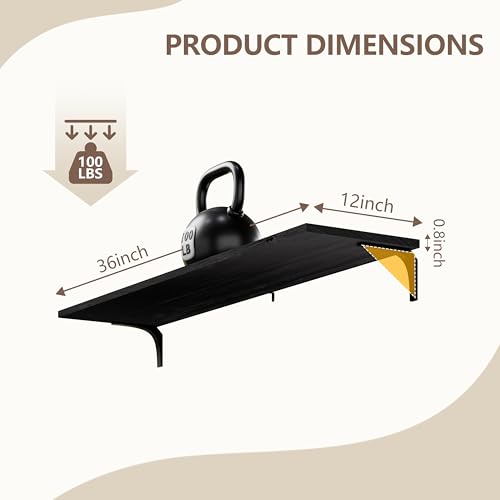 Image of 12 Inch Deep Floating Shelves Set of 2, 36 Inch Extra Wide Black Solid Wood Wall Shelves with 100 lbs Capacity, Heavy Duty Farmhouse Wall Mounted Shelving for Kitchen, Living Room & Bathroom