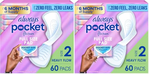 Image of Always Pocket Feminine Pads with FlexFoam,Size 2,Heavy Flow,with Wings,Unscented,60 Count (Pack of 2)