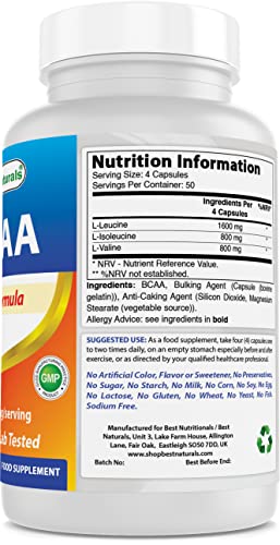 Best Naturals 817716015156 Bcaa Branch Chain Amino Acid, 3200Mg Per Serving, 200 Capsules - Pharmaceutical Grade - 100% Pure Instantized Formula | Pre/Post Workout Bodybuilding Supplement thumb #1