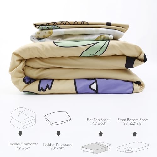 Image of 4 Piece Toddler Bedding Set - Ultra Soft Breathable Toddler Bedding Set for Boys, Includes Quilted Comforter, Flat Sheet, Fitted Sheet and Pillowcase(Dinosaur)