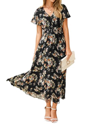 Image of Simplee Womens Floral Maxi Dress - Short Sleeve Summer Boho Wedding Guest Dress Empire Waist Chiffon Modest Midi Dresses
