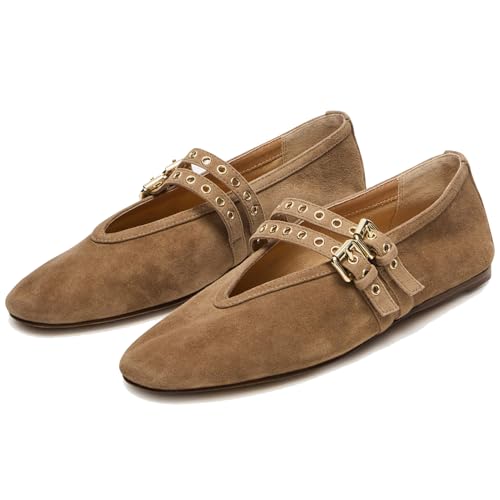 LUXMAX Suede Mary Jane Flats Women Ballerina Shoes Square Toe Flats Comfortable Leopard Ballet Flat Shoes