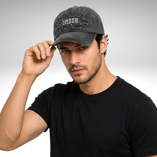 Image of Unisex Vintage Washed Cotton Baseball Cap for Men and Women | Distressed Style Adjustable Dad Hat with Letter Embroidery for Sun Protection, Sports & Casual Wear - Charcoal Black