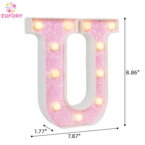 Image of Pink Glitter Marquee Light Up Letters, Battery Operated LED Letter Lights Signs for Pink Birthday Party Table Decorations, Wall Decor for Girls Bedroom, Initial Letter U with Warm White Lights