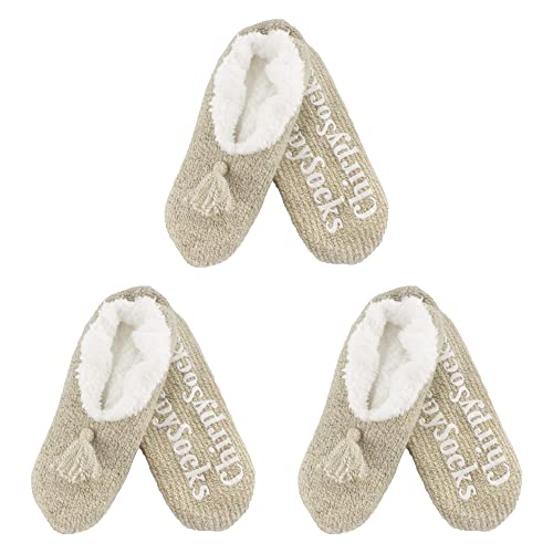 Image of BambooMN Adult Women Super Soft Warm Cozy Fancy Yarn Slippers Non-Slip Lined Socks, Indoor Comfy House Slippers, 3 Pairs