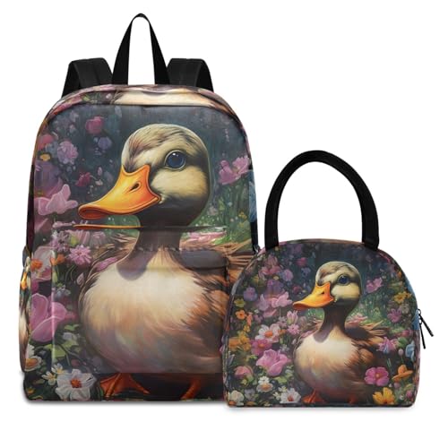 Backpack Lunch Box Set Large Capacity Travel Backpacks and Insulated Lunch Bag for Commute Hiking Picnic Little Duck in Flower Print