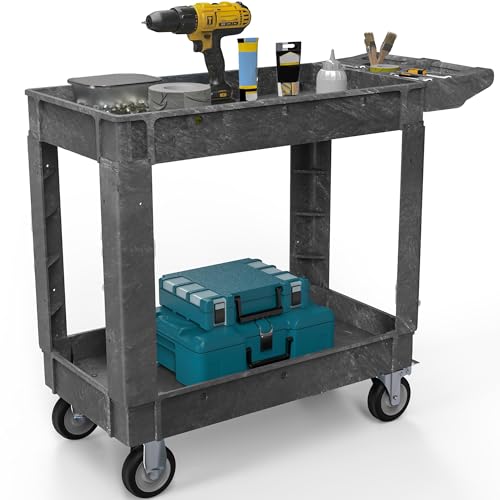 DWVO Utility Cart, 1000 lbs Capacity, 2 Shelf Heavy Duty Plastic Service Utility Cart on Wheels, Rolling Storage Work Carts Suitable for Warehouse, Garage, School & Office, Cleaning, Gray Gr