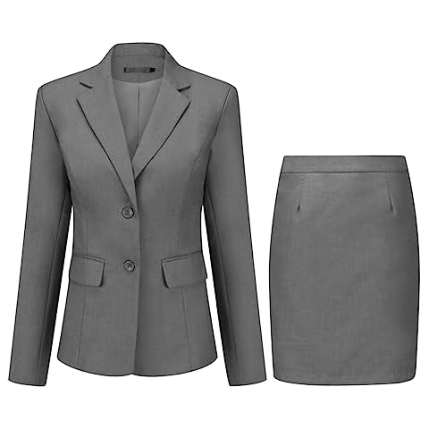 YUNCLOS Women's 2 Pieces Skirt Suit Set Long Sleeve Blazer Jacket and Pencil Skirt Dark Gray Cover
