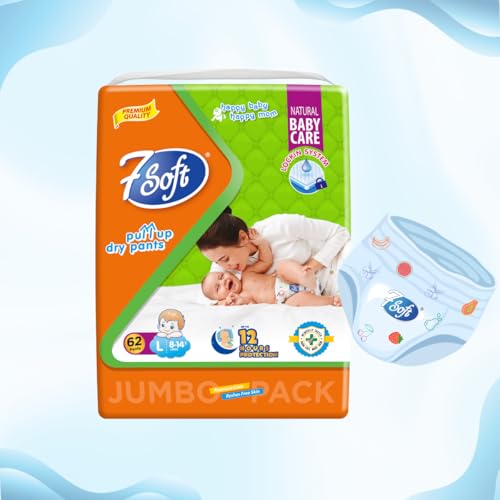 Image of 7 Soft Pull Up Dry Pants Diaper, Large (L) 8-14 kg, 62 Count (Jumbo Pack) - Baby Diaper Pants with Locking System, Up to 12 Hours Protection, Rash Free Skin, Easy Wear