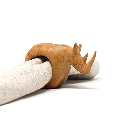 Global Crafts Handcarved Mahogany Wooden Napkin Ring Holders, Rhino, Set of 6 (KWF012_R)