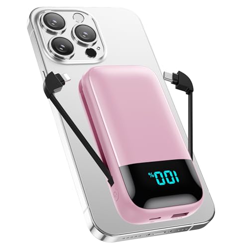 Power Bank 13800mAh, QTshine Klein Kompakt Powerbank mit Integriertem Kabel, USB C PD 3.0A Schnelles Aufladen Externer Akku mit LCD Display Kompatibel mit iPhone 15/14/13/12 Pro Max Samsung etc - Rosa