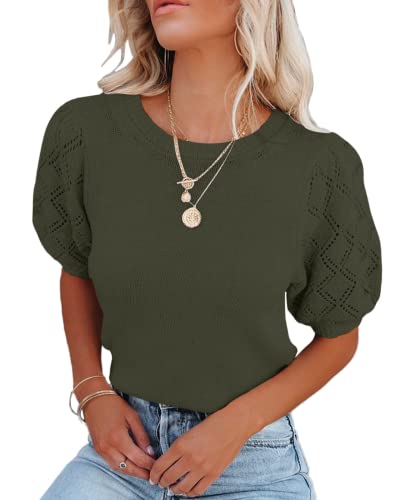 Image of Womens Short Sleeve Sweaters Crewneck Knit Pullover Tops 2025 Summer Casual Lightweight Crochet Blouse Shirt
