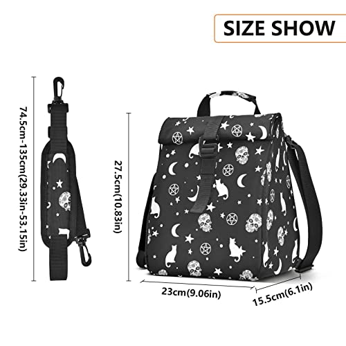 Skull Cat Moon Goth Insulated Lunch Box Reusable Cooler Lunch Tote Bag For Women Men LeakProof Roll Top Lunch Bag With Adjustable Hand Strap for Offices Worker School