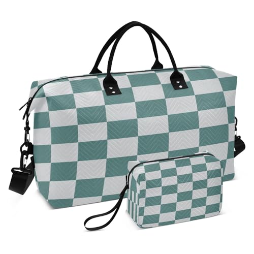​​Large Foldable Travel Duffel Bag, Waterproof Gym Bag for Men & Women, Carry-On Luggage Weekender Overnight Bag, Checkered Blue White