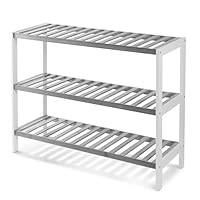 KEPLIN 3 Tier Natural Bamboo Shoe Rack Easy Assembly Strong Design Shelf Organiser Ideal for Bedroom, Bathroom, Hallway & Small Spaces Large Capacity Up to 9 Pairs of Shoes, 55x70x24.5cm, Grey/White